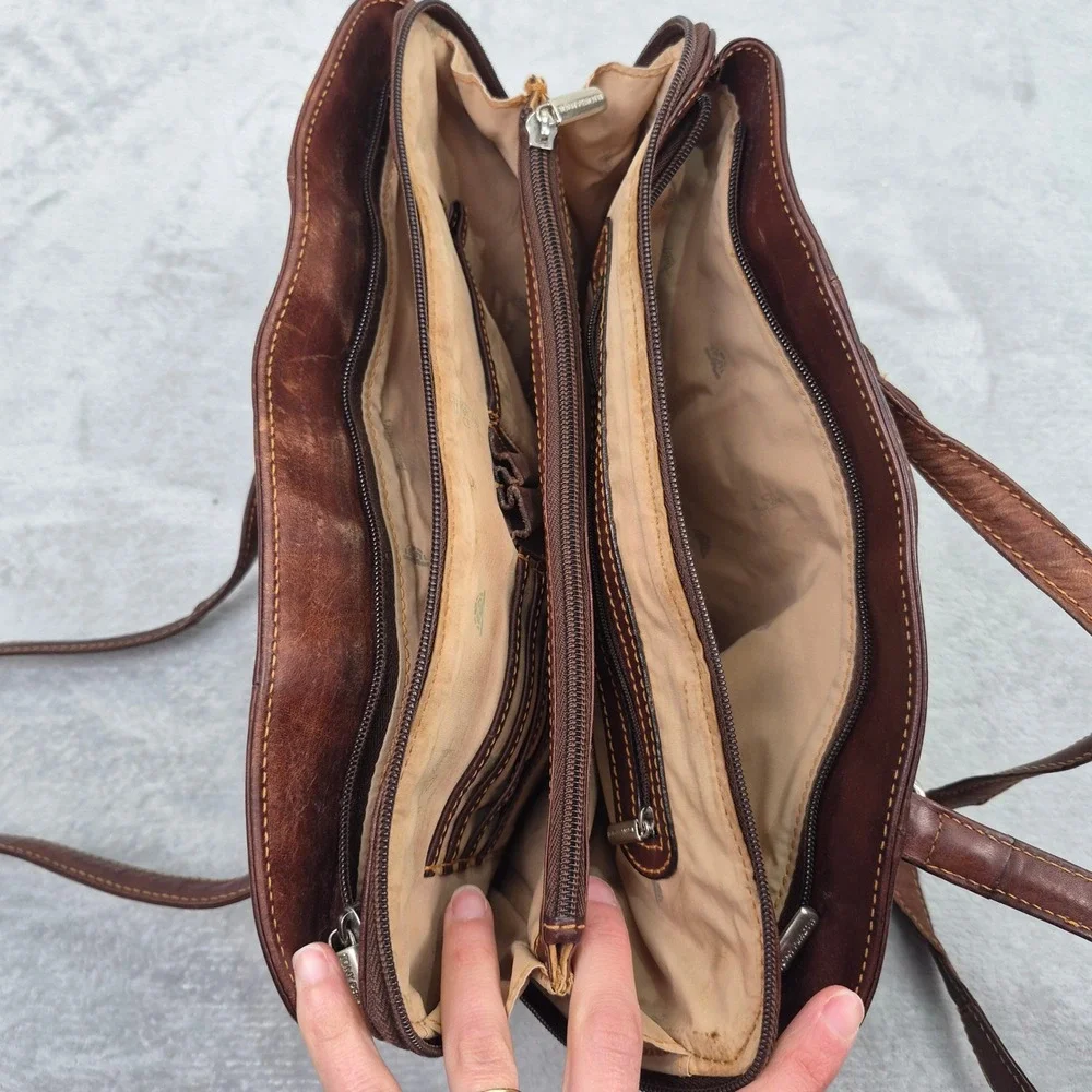 Tony Perotti Distressed Leather Shoulder Bag Brown Hobo Medium Long Green
